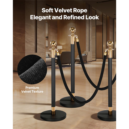 2 Pcs Black Velvet Stanchion Ropes, 1.5 m Crowd Control Stanchion Black Velvet Ropes with Gold Hooks, Post Queue Barrier Carpet Rope for Carpet Events Movie Theaters Grand Openings Hotels Party
