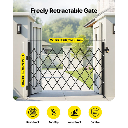 Single Folding Security Gate, Lockable Scissor Gate with 360 degree Swivel Casters, Outdoor Barricade Steel Retractable Gates, for Entry Security, Garage, Warehouse & Pool, 1700 x 1310 mm (W x H)