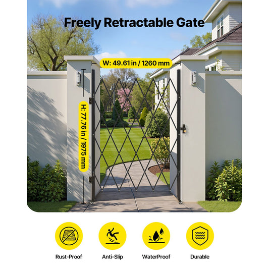 Single Folding Security Gate, Lockable Scissor Gate with 360 degree Swivel Casters, Outdoor Barricade Steel Retractable Gates, for Entry Security, Garage, Warehouse & Pool, 1260 x 1975 mm (W x H)