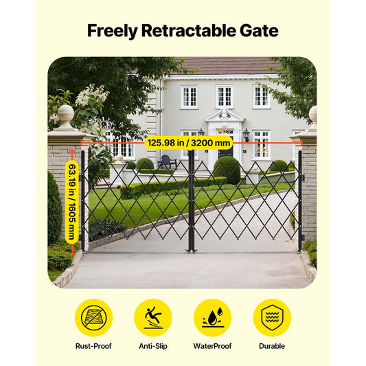 Double Folding Security Gate, Lockable Scissor Gate with 360 degree Swivel Casters, Outdoor Barricade Steel Retractable Gates, for Entry Security, Garage, Warehouse & Pool, 3200 x 1605 mm in (W x H)