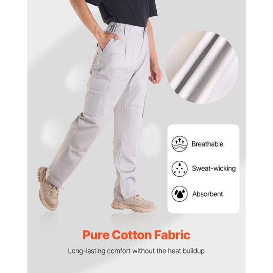 FR Pants for Men, 100% Cotton, Flame-Resistant Cargo Pants with Multi-Pockets and Elastic Waist, Reinforced Tear-proof Stitching, Ideal for Welding Work and Casual Wear, M Size, Gray
