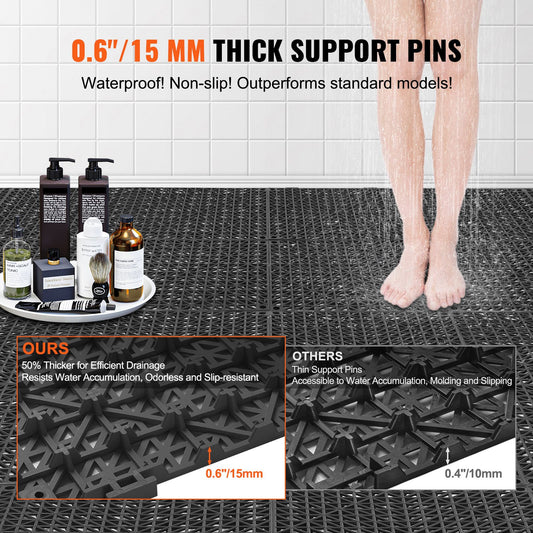 Modular Interlocking Cushion, 50 Pack 30 x 30 cm Splicing Drainage Mats, PVC Interlocking Drainage Floor Tiles, Non-Slip Drainage Holes for Restroom, Bathroom, Kitchen, Pool, Wet Area, Black