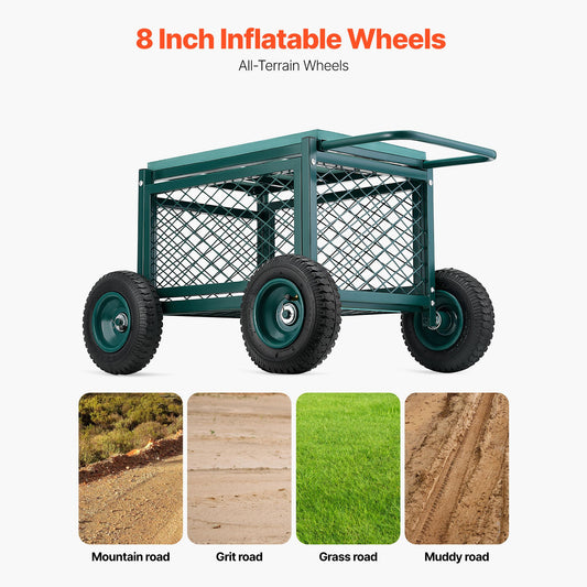 Rolling Garden Cart with Seat, Metal Rolling Garden Work Seat with Wheels, Supports up to 181 kg, Heavy Duty Gardening Cart Scooter, Outdoor Wagon & Stool on Wheels for Lawn, Patio, Backyard