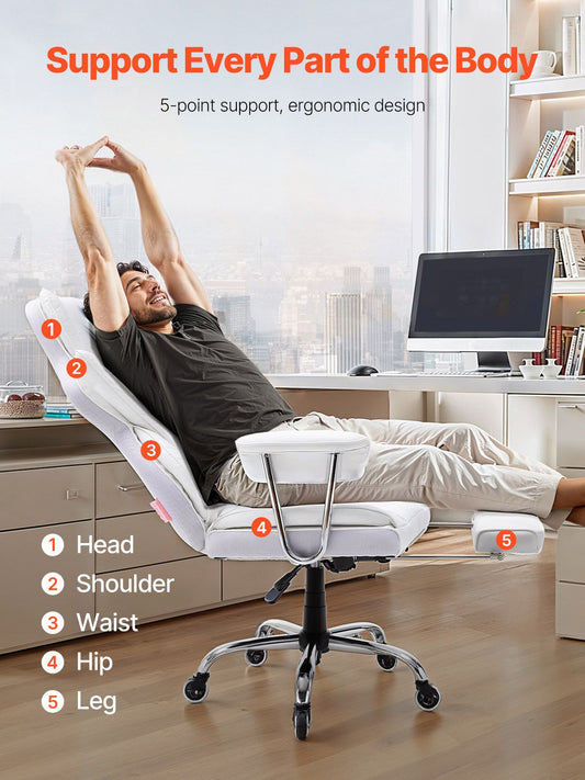 Reclining Office Chair with Footrest, Heavy Duty PU Leather Wide Office Chair, Big and Tall Executive Office Chairs with Lumbar Support, Strong Metal Base Quiet Wheels, White