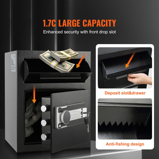 1.7 Cub Depository Safe, Deposit Safe with Drop Slot, Electronic Code Lock and 2 Emergency Keys, 17.71'' x 13.77'' x 13.77'' Business Drop Slot Safe for Cash, Mail in Home, Hotel, Office
