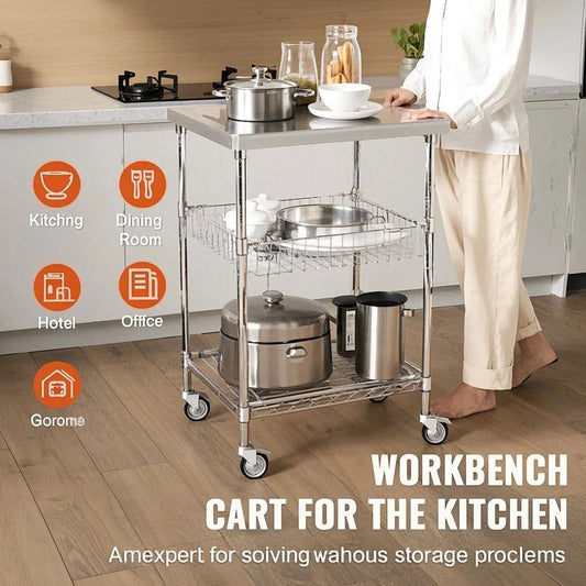 Kitchen Utility Cart, 3 Tiers, Wire Rolling Cart with 213kg Capacity, Steel Service Cart on Wheels, Metal Storage Trolley with 76mm Basket Curved Handle PP Liner 6 Hooks, for Indoor and Outdoor