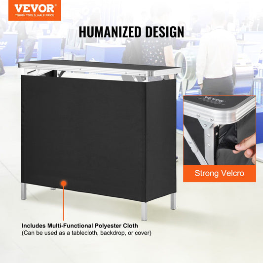 Folding Portable Bar Table, Tradeshow Podium Table for Indoor, Outdoor, Party, Picnic, Exhibition, Includes Carrying Case, Storage Shelf and Black Skirt, 38.39" x 15.16" x 34.25β
