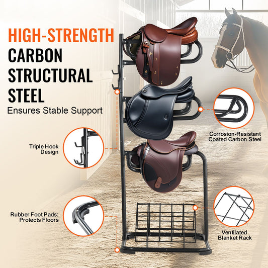 Freestanding Saddle Stand, 30 x 30 x 68.5 in, 3 Tiers Saddle Rack, Heavy Duty Saddle Blanket Holder with Removable & Rotating Tiers, English & Western Saddle Rack for Tack Room Organization