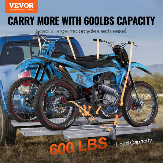 Motorcycle Carrier, 2-Bike 272.15KGS Aluminum Motorcycle Carrier Hitch Mount, Loading Ramp, Scooter Dirt Bike Trailer Hauler, Ratchet Straps and Stabilizer, for Car, Truck with 2" Hitch Receiver