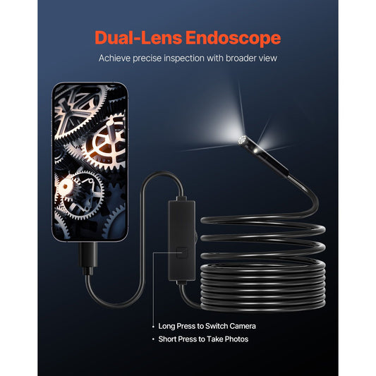 Endoscope Camera with Light, Dual Lens Borescope for Android & IOS, 1920P HD Inspection Camera with 8 + 1 LED Light, 2X Zoom, 5m Snake Cable, IP67 Waterproof Snake Camera for Auto, Plumbing