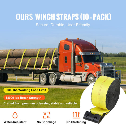 Winch Straps, 10.2 cm x 12.2 m, 2.7T Load Capacity, 8.2T Break Strength, Truck Straps with Flat Hook, Flatbed Tie Downs Cargo Control for Trailers, Farms, Rescues, Tree Saver, Yellow (10 Pack)