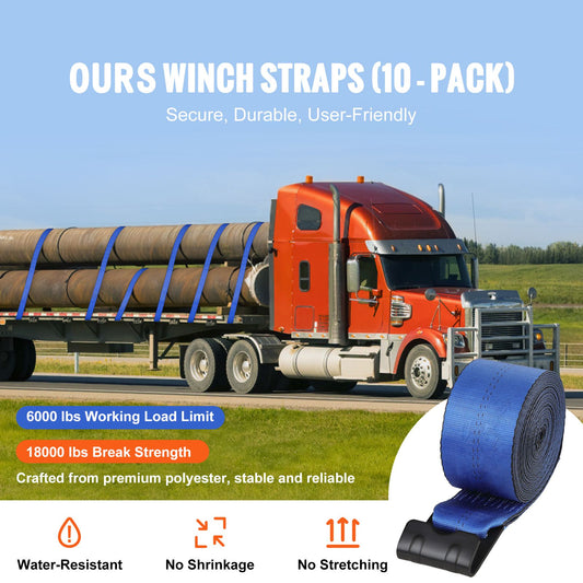Winch Straps, 10.2 cm x 9.1 m, 2.7T Load Capacity, 8.2T Breaking Strength, Truck Straps with Flat Hook, Flatbed Tie Downs Cargo Control for Trailers, Farms, Rescues, Tree Saver, Blue (10 Pack)