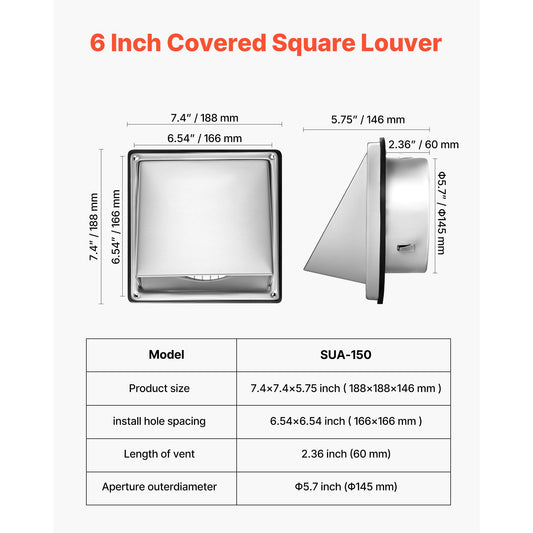 145 mm External Extractor Wall Vent Cover, Square AC Vent Gable Cover, Premium Stainless Steel & with Built-in a Protection Screen, for House,Bathroom,Garage,Kitchen,Basement (1 Pack, Silver)