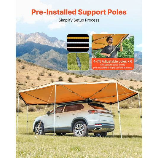 270 Degree Awning with Bulit-in LED Lights, 10.9 γ‘ Driver Side Vehicle Awning, Waterproof UV50+ Car Side Awnings, All-Weather Free-Standing Overland Awnings Car Shelter for SUV Truck Camping