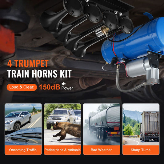 Train Horns Kit, 4 Trumpet Air Horn Kit, 150dB Train Horns for Pickup Trucks, 12V 120 psi Air Compressor 1.6 Gal/6 L Tank with Gauge for Any 12V Vehicle Car Truck Train Van Boat