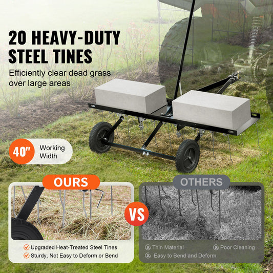 Tow Behind Dethatcher, 1015mm Tow Dethatcher with 20 Spring Steel Tines, Lawn Dethatcher Rake for ATV or Mower, Tow Behind Lawn Rake with Lift Handle for Garden Farm Grass