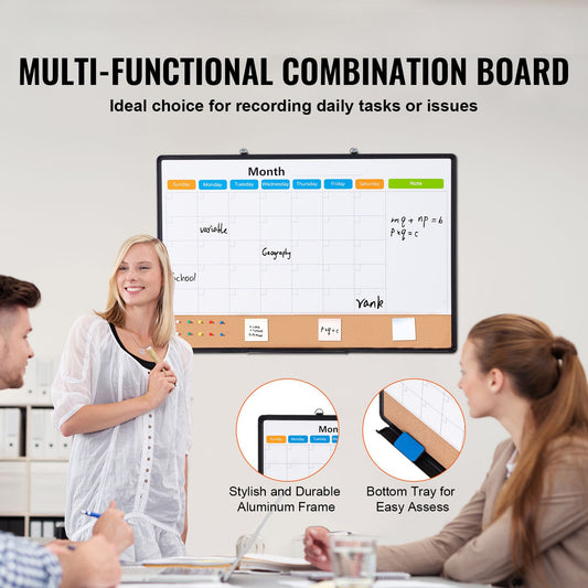36"x 24" Monthly Calendar Whiteboard & Cork Board Combo with Aluminum Frame β 2-in-1 Magnetic Dry Erase Bulletin Board for Wall Mount β Ideal for School, Home, Office