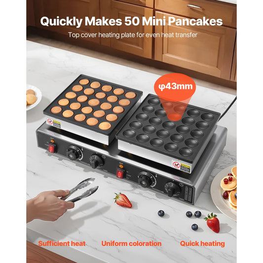 50PCS Mini Dutch Pancake Maker, Non-stick Stainless Steel Dorayaki Baker, 1800W Commercial Electric Poffertjes Grill Pan, Dual Temp & Time Control, for Kitchen Restaurant Breakfast Dessert