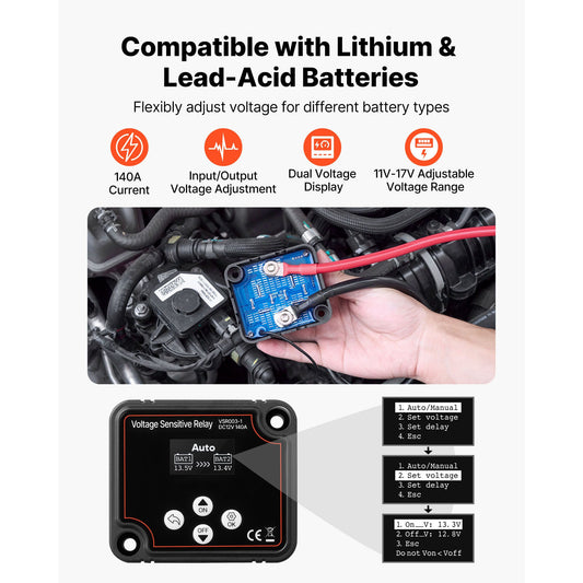 Dual Battery Isolator Kit, 12V 140 Amp, Manual and Automatic VSR Voltage Sensitive Relay with Voltmeter, LCD Screen, Smart Battery Isolator, Compatible with Lead-Acid Batteries, for UTV, ATV