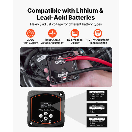 Dual Battery Isolator Kit, 12V 300 Amp, Manual and Automatic VSR Voltage Sensitive Relay with Voltmeter, LCD Screen, Smart Battery Isolator, Compatible with Lead-Acid Batteries, for UTV, ATV