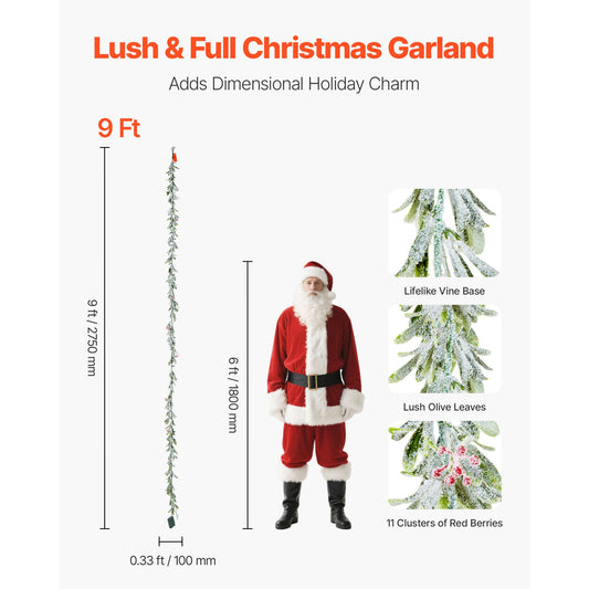 Christmas Garland, 2750 mm Realistic Greenery Decorated with Vines, Olive Leaves, and Berries, Evergreen Faux Garlands with Light String for Indoor Outdoor Xmas Decoration on Mantel Fireplace