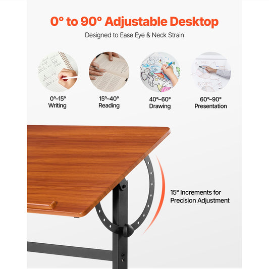 Drafting Table Adjustable 0Β°β90Β° Tilt Wooden Drawing Desk with H-Frame