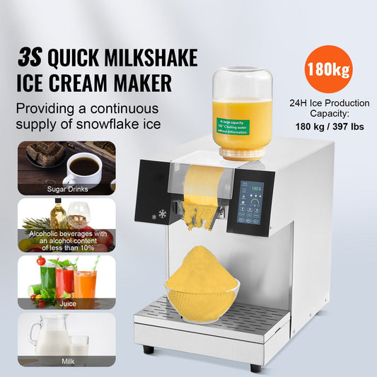 Commercial Snowflake Ice Machine, 397LBS/24H Snowflake Ice Maker, Stainless Steel Ice Shaver Machine, Electric Snow Cone Maker, Liquid Cooling System for Rapid Heat Dissipation, Ice Cream