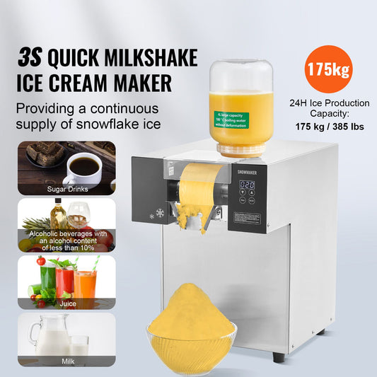 Commercial Snowflake Ice Machine, 385LBS/24H Snowflake Ice Maker, Stainless Steel Ice Shaver Machine, Electric Snow Cone Maker, Liquid Cooling System for Rapid Heat Dissipation, Ice Cream