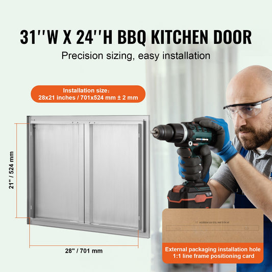 BBQ Access Door, 787x609 mm Double Outdoor Kitchen Door, Stainless Steel Flush Mount Door, Wall Vertical Door with Recessed Handles , for BBQ Island, Grilling Station, Outside Cabinet