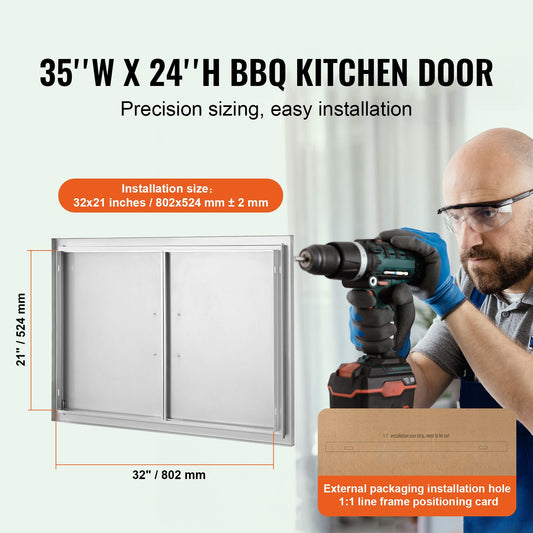 BBQ Access Door, 889x610 mm Double Outdoor Kitchen Door, Stainless Steel Flush Mount Door, Wall Vertical Door with Handles, for BBQ Island, Grilling Station, Outside Cabinet