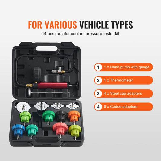 14 pcs Universal Radiator Pressure Tester Kit, Coolant Pressure Tester Kit with Manual Pump and Color-coded Steel Test Cap Adapters, with Toolbox, For Cars Motorcycles Trucks Cooling System
