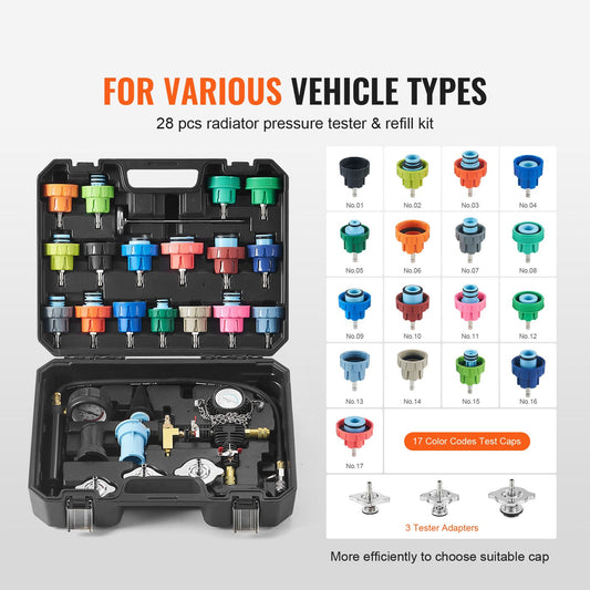 28 pcs Universal Radiator Pressure Tester Kit, Coolant Pressure Tester Kit with Manual Pump and Color-coded Test Caps, Coolant Vacuum Refill kit for Cars Motorcycles Trucks Cooling System