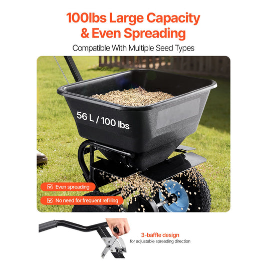 Lawn Spreader, 100LBS Capacity, Walk-Behind Push Spreader, 0-9.8ft Spreading Width, 13 in All Terrain Pneumatic Tires, Fertilizer Spreaders with Hopper Grate, for Seed Salt Ice Melt