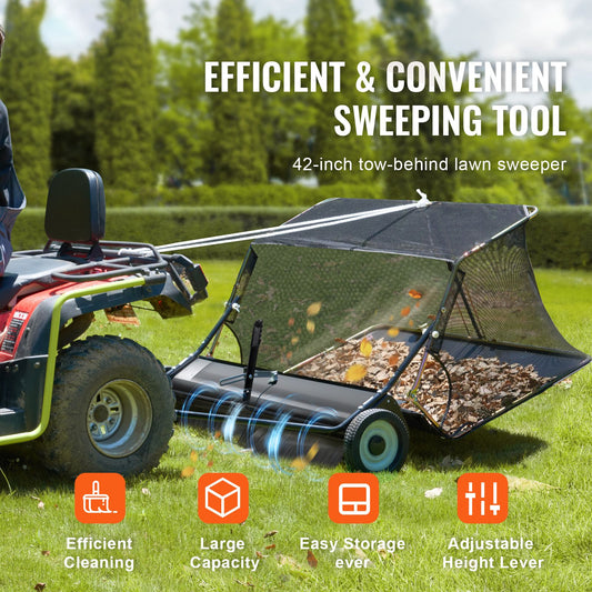 106.6 cm Lawn Sweeper Tow Behind, 12 cu.ft. Large Pull Behind Grass Sweeper, Heavy Duty Leaf & Grass Collector with Dumping Rope Design, Adjustable Sweeping Height for Picking Up Debris & Grass