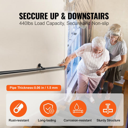 Pipe Stair Handrail, 7FT Staircase Handrail, 440LBS Load Capacity Carbon Steel Pipe Handrail, Industrial Pipe Handrail with Wall Mount Support, Round Corner Wall Handrailings for Indoor, Outdoor