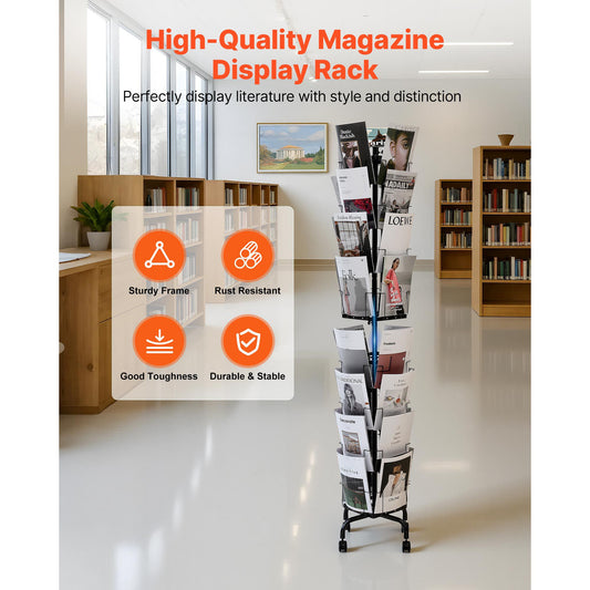 Greeting Cards Display Rack, 32 Pockets Rotating Postcard Brochure Display Stand, 360Β° Spinning Card Display Rack with Sign Holder & 4 Wheels (2 Lockable) for Exhibitions Office Trade Show