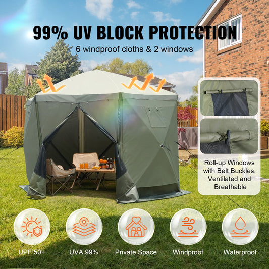 Pop Up Gazebo Tent, Pop-Up Screen Tent 6 Sided Canopy Sun Shelter with 6 Removable Privacy Wind Cloths & Mesh Windows, 10x10FT Quick Set Screen Tent with Mosquito Netting, Army Green