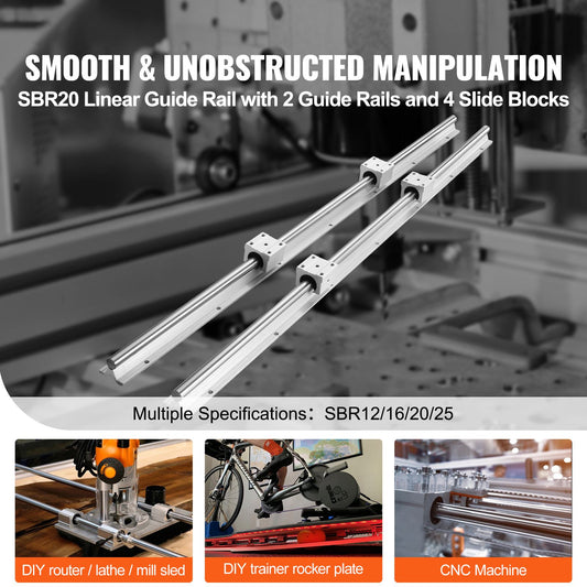 Linear Guide Rail Set, SBR20 1800mm, 2 PCS 70.9 in/1800 mm SBR20 Guide Rails and 4 PCS SBR20UU Slide Blocks, Linear Rails and Bearings Kit for Automated Machines DIY Project CNC Router Machines