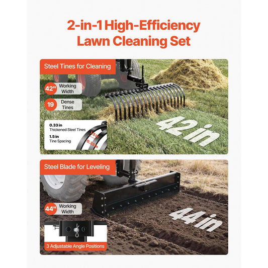 106.7cm Tow Behind Landscape Rake, 3-Point Lawn Rock Rake with Blade & Lift Lever, Fit Category 1 ATVs UTVs Lawn Tractors, Heavy Duty Dethatcher Rake for Debris Leaves Thatch