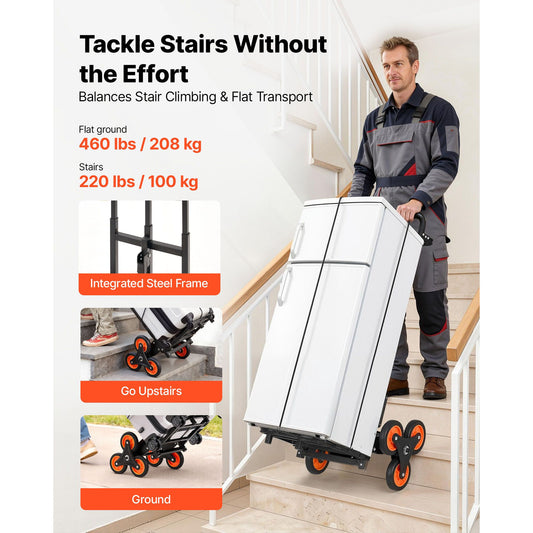 Stair Climbing Cart, 100 kg Stair-Climbing Capacity, Heavy-Duty Folding Trolley Cart with Telescoping Handle, 6 Wheels and 2 Bungee Cords, Stair Climber Dolly for Home, Groceries, Warehouse