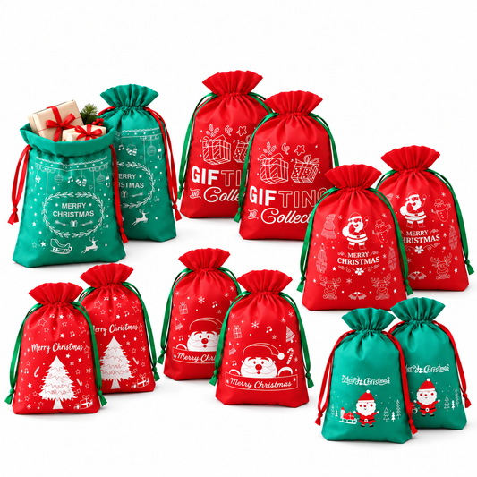 Jingle Jollys 12PCS Christmas Gift Bags Reusable Drawstring Candy Treats Bags 2 Sizes