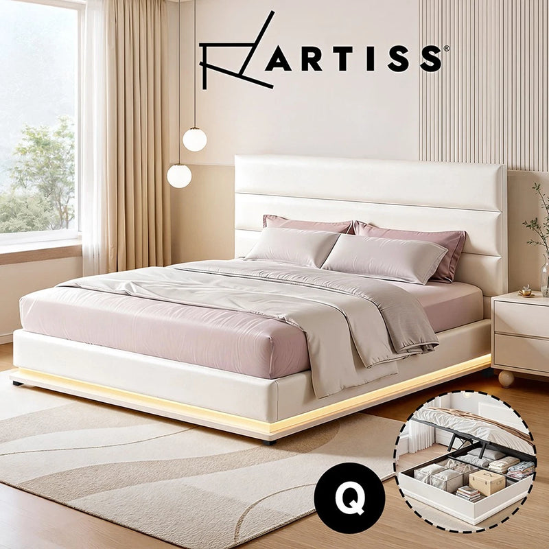 Artiss Bed Frame QUEEN Size RGB LED Gas Lift Storage Mattress Base White LUMI