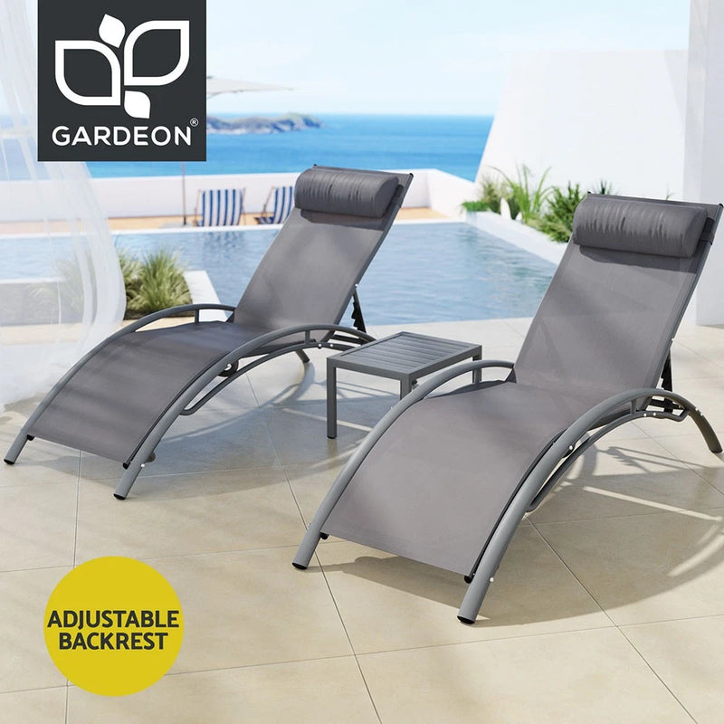 Gardeon 3PC Sun Lounge Outdoor Lounger Steel Table Chairs Patio Furniture Grey
