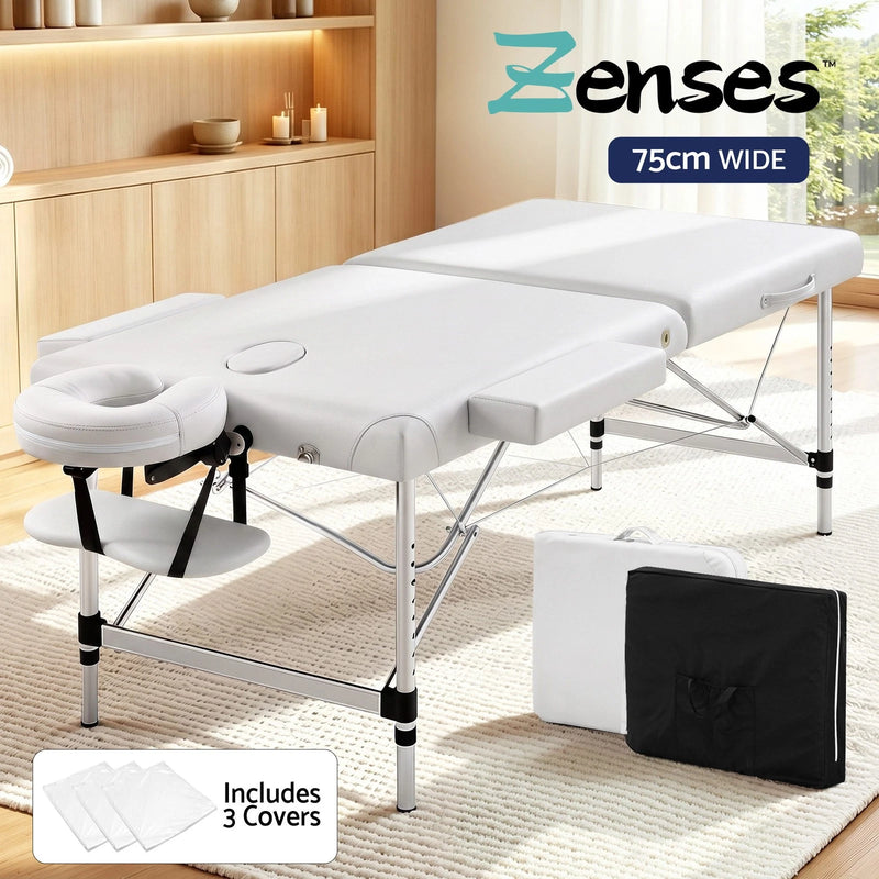 Zenses Massage Table 75cm Portable 2 Fold Aluminium Beauty Therapy Bed White
