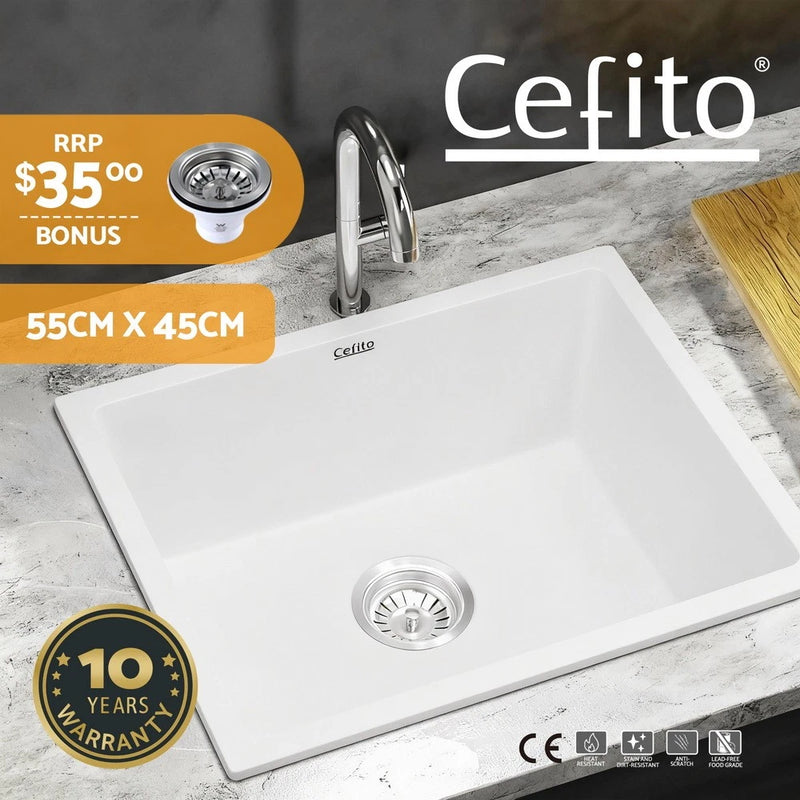 Cefito Kitchen Sink 55x45cm Granite Stone Sink Single Bowl White