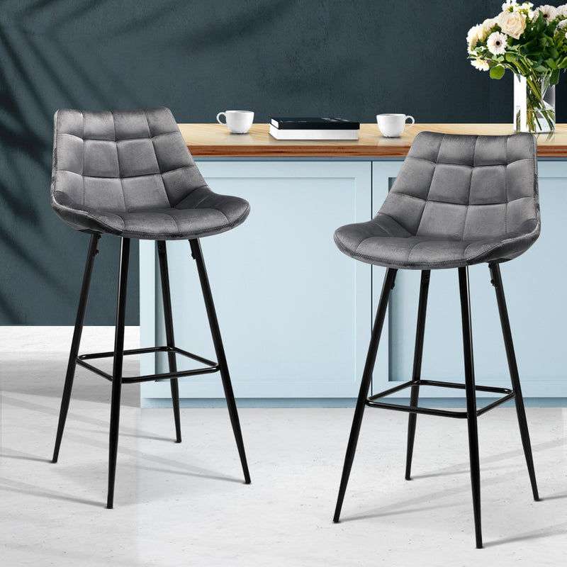 Artiss 2x Bar Stools Velvet Grey Chairs Kitchen Counter