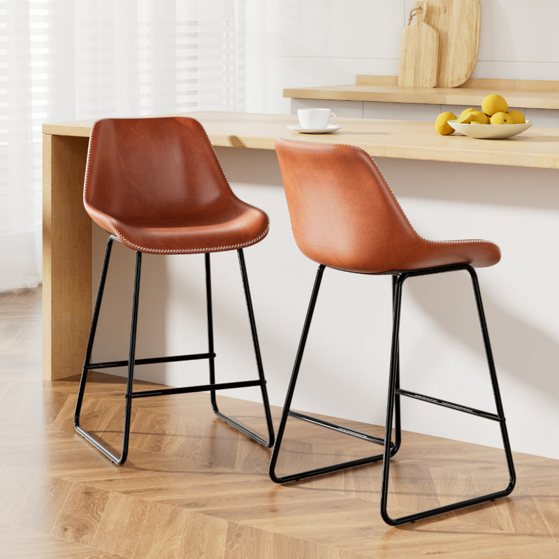 Artiss 2x Brown Leather Bar Stools Kitchen Counter Height Metal Legs