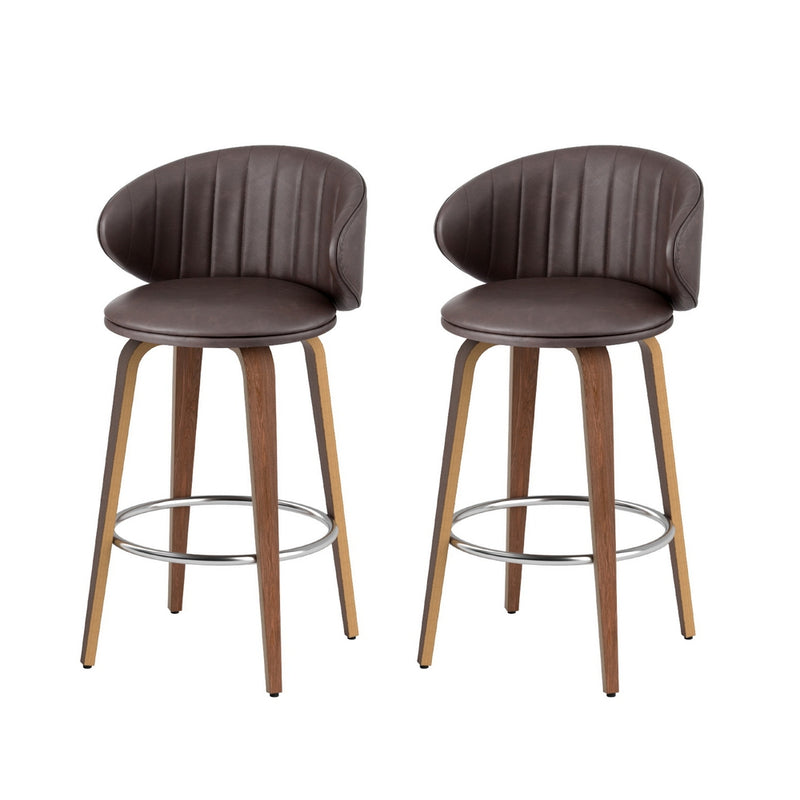 Artiss Bar Stools Pair Contoured Leather Wood Seat 65cm