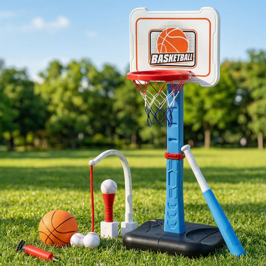 Keezi Kids Basketball Hoop Stand Adjustable Height Baseball Set Blue