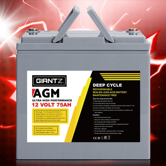 Giantz 12V 75Ah AGM Deep Cycle Battery Portable Solar Caravan